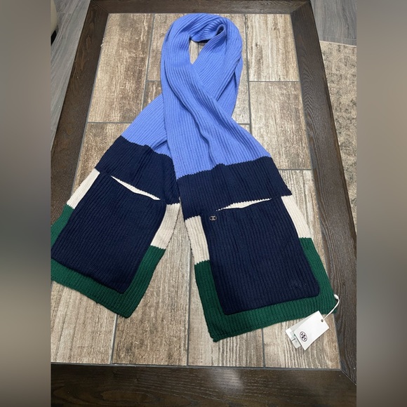 Tory Burch Blue Green White Gemini Link Striped Pockets Women's Scarf Colorblock - Picture 7 of 10